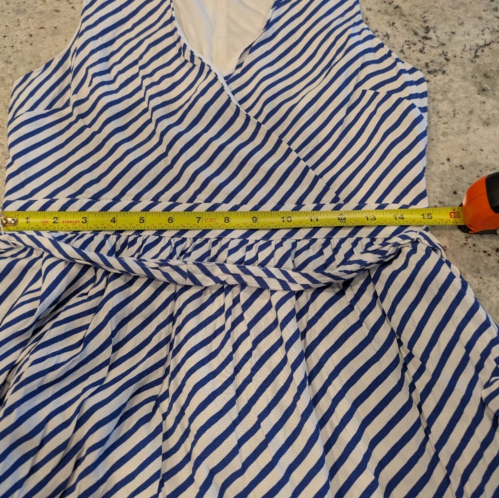 LOFT Nautical Blue White Stripe Faux Wrap Tie Waist Dress Size 6 Pockets - Picture 7 of 13